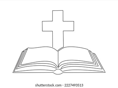 Continuous single one line drawing of open book and cross. Illustration with quote template. One line vector illustration. Order a banner for one line drawing.
