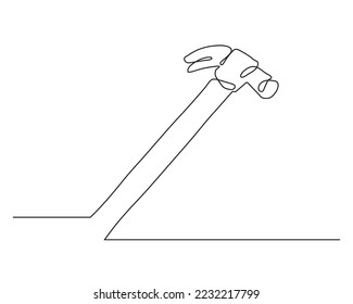 Continuous single one line drawing of hammer construction handyman tool and judge law vector illustration.