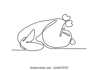 Continuous single one line drawing art of whole broiler chicken turkey meat. Vector illustration