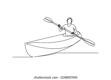 Continuous single one line drawing art of man rowing canoe. Vector illustration of sport man paddle kayak.