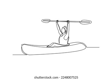 Continuous single one line drawing art of woman rowing canoe. Vector illustration of sport woman paddle kayak.