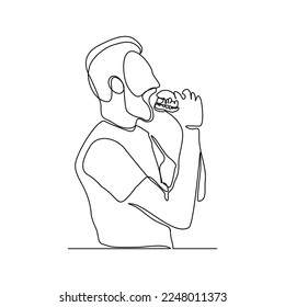 Continuous single one line drawing art of hungry man eat cheese beef burger junk food. Vector illustration of fast food.