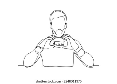 Continuous single one line drawing art of hungry man eat cheese beef burger junk food. Vector illustration of fast food.