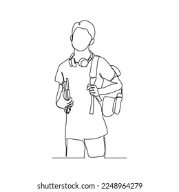 Arte continuo de dibujo de una sola línea de un estudiante universitario con mochila y libros. Ilustración del vector