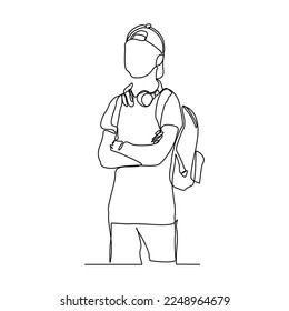 Continuous single one line drawing art of college campus student man with bag backpack. Vector illustration