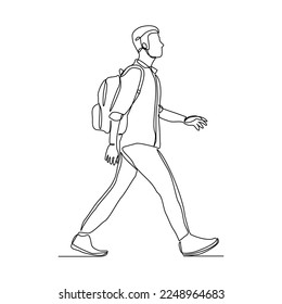 Continuous single one line drawing art of college campus student man with bag backpack. Vector illustration