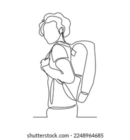 Continuous single one line drawing art of college campus student man with bag backpack. Vector illustration