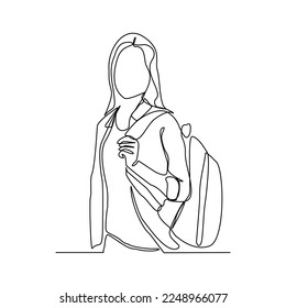 Continuous single one line drawing art of college campus student woman with bag backpack. Vector illustration