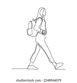 Continuous single one line drawing art of college campus student woman with bag backpack. Vector illustration