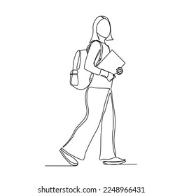 Continuous single one line drawing art of college campus student woman with bag backpack and books. Vector illustration