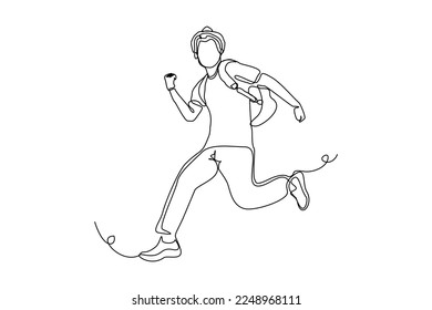 continuous single one line drawing art of college campus happy student man jumping with bag backpack. vector illustration