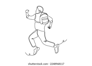 continuous single one line drawing art of college campus happy student man jumping with bag backpack. vector illustration