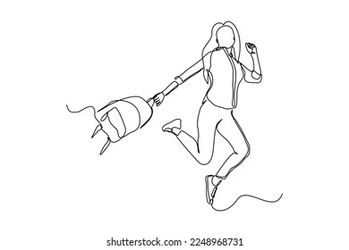 continuous single one line drawing art of college campus happy student woman jumping with bag backpack. vector illustration