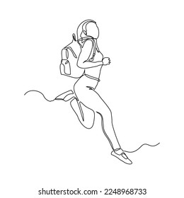 continuous single one line drawing art of college campus happy student woman jumping with bag backpack. vector illustration