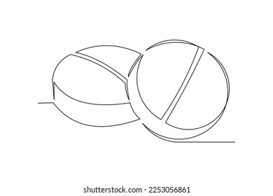 Continuous single one line drawing of medicine pill or capsule. Vector illustration of medical drug pharmacy care.