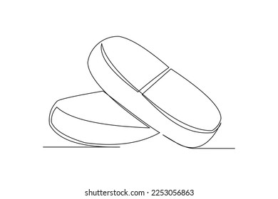 Continuous single one line drawing of medicine pill or capsule. Vector illustration of medical drug pharmacy care.