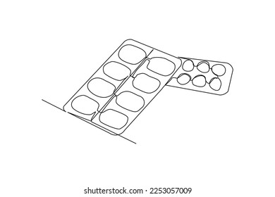 Continuous single one line drawing of medicine pill or capsule tablet. Vector illustration of medical drug pharmacy care.