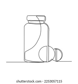 Continuous single one line drawing of medicine pill or capsule bottle. Vector illustration of container medical drug pharmacy care.