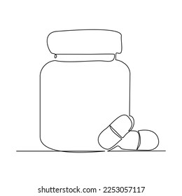 Durchgängige einzeilige Zeichnung der Medizin-Pille oder der Kapselflasche. Vektorgrafik der Containermedizin-Apotheke.