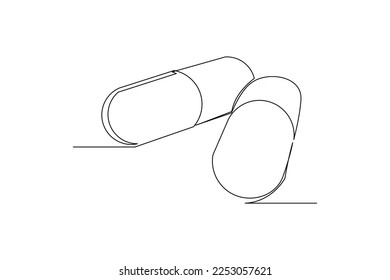 Continuous single one line drawing of medicine pill or capsule. Vector illustration of medical drug pharmacy care.