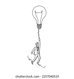 Continuous single one line drawing business man holding idea bulb. Vector illustration of smart and success people.