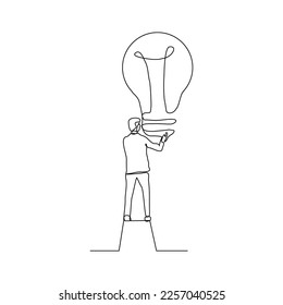 Continuous single one line drawing business man holding idea bulb. Vector illustration of smart and success people.