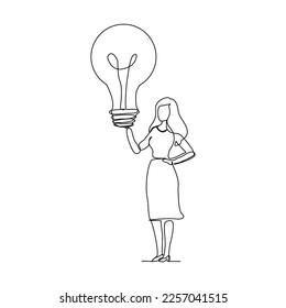 Continuous single one line drawing business woman holding idea bulb. Vector illustration of smart and success people.