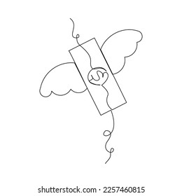 Continuous single one line drawing art of money paper flying with wings. Vector illustration of loss dollar banknote money.