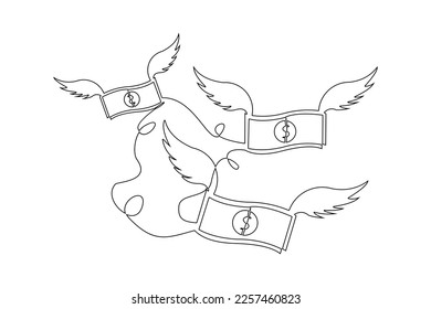 Continuous single one line drawing art of money paper flying with wings. Vector illustration of loss dollar banknote money.