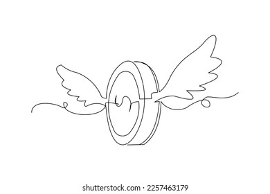Continuous single one line drawing art of money coin flying with wings. Vector illustration of loss dollar coins money.