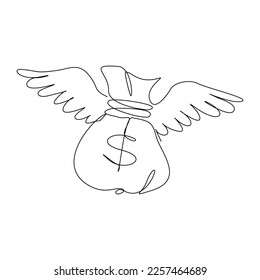 Continuous single one line drawing art of money bag flying with wings. Vector illustration of loss dollar money.