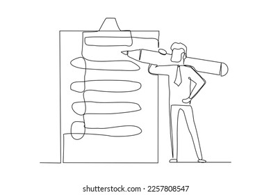 Continuous single one line drawing art of businessman holding big pencil and big clip board of checklist paper. Vector illustration of complete task list successful.