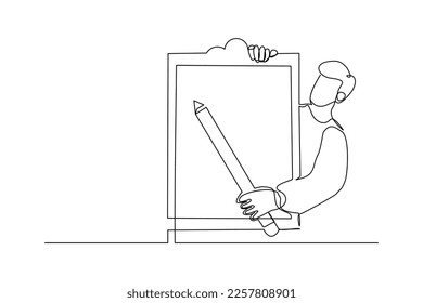 Continuous single one line drawing art of businessman holding big pencil and big clip board of checklist paper. Vector illustration of complete task list successful.