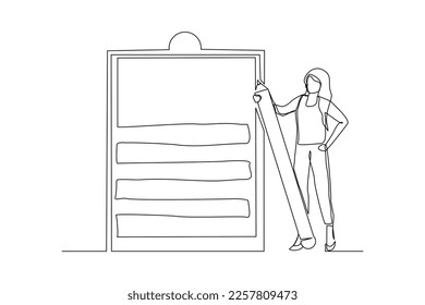 Continuous single one line drawing art of business woman holding big pencil and big clip board of checklist paper. Vector illustration of complete task list successful.