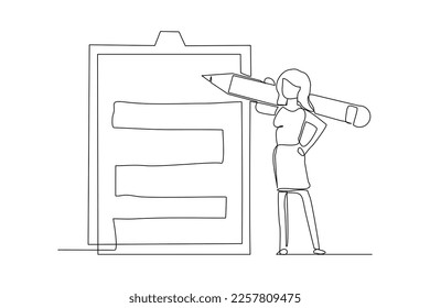Continuous single one line drawing art of business woman holding big pencil and big clip board of checklist paper. Vector illustration of complete task list successful.