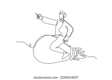 Continuous single one line drawing art of Businessman riding idea light bulb. Vector illustration of people success launching business startup achievement.