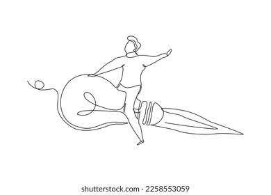 Continuous single one line drawing art of Businessman riding idea light bulb. Vector illustration of people success launching business startup achievement.