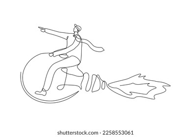 Continuous single one line drawing art of Businessman riding idea light bulb. Vector illustration of people success launching business startup achievement.