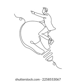 Continuous single one line drawing art of Businessman riding idea light bulb. Vector illustration of people success launching business startup achievement.