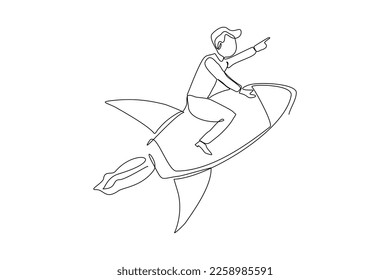 Continuous single one line drawing art of businessman riding flying rocket up. Vector illustration of man success launching startup business. Booster business growth line art design.