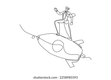 Continuous single one line drawing art of businessman riding flying rocket up. Vector illustration of man success launching startup business. Booster business growth line art design.