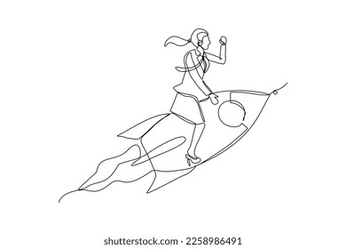 Continuous single one line drawing art of business woman riding flying rocket up. Vector illustration of woman success launching startup business. Booster business growth line art design.