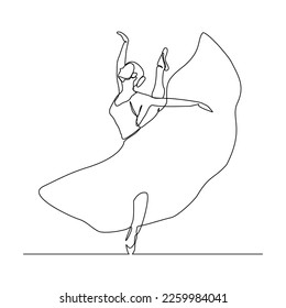 Continuous single one line drawing art of beautiful woman ballerina dancer show. Vector illustration of artistic ballet dance.