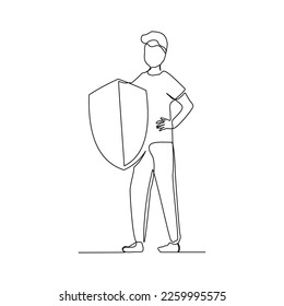 Continuous single one line drawing art of businessman holding shield protection security. Vector illustration of finance defense guard and health care.