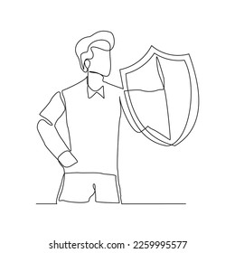 Continuous single one line drawing art of businessman holding shield protection security. Vector illustration of finance defense guard and health care.