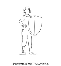 Continuous single one line drawing art of business woman holding shield protection security. Vector illustration of finance defense guard and health care.