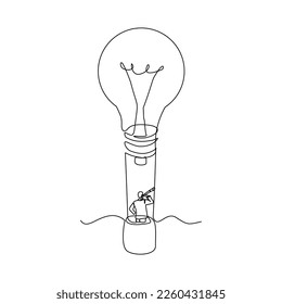 Continuous single one line drawing art of man flying with light bulb balloon using monocular telescope searching for future and opportunity. Vector illustration of business vision.