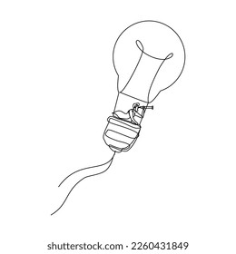 Continuous single one line drawing art of man flying with light bulb balloon using monocular telescope searching for future and opportunity. Vector illustration of business vision.