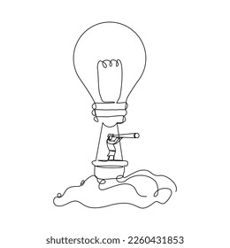 Continuous single one line drawing art of man flying with light bulb balloon using monocular telescope searching for future and opportunity. Vector illustration of business vision.