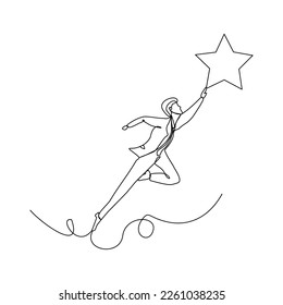 Continuous single one line drawing of businessman reaching star. Vector illustration concept of business reward, success, career goal.